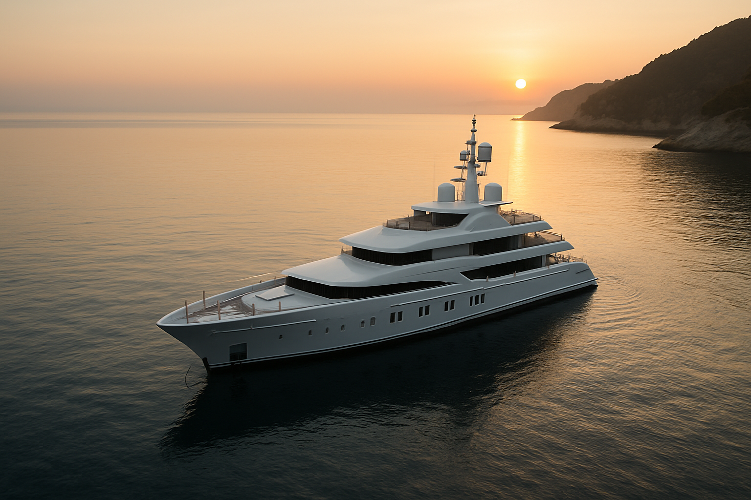 A 50-meter white motor superyacht at anchor in a Mediterranean cove at sunrise, soft warm light, calm water.