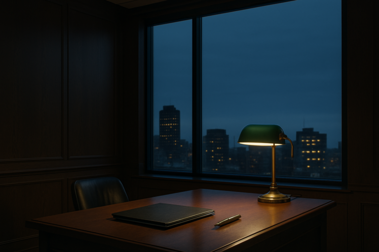 A quiet private bank lending office at dusk: dark walnut paneling, a banker's desk with a green-shaded lamp, and a city skyline visible through the windows.