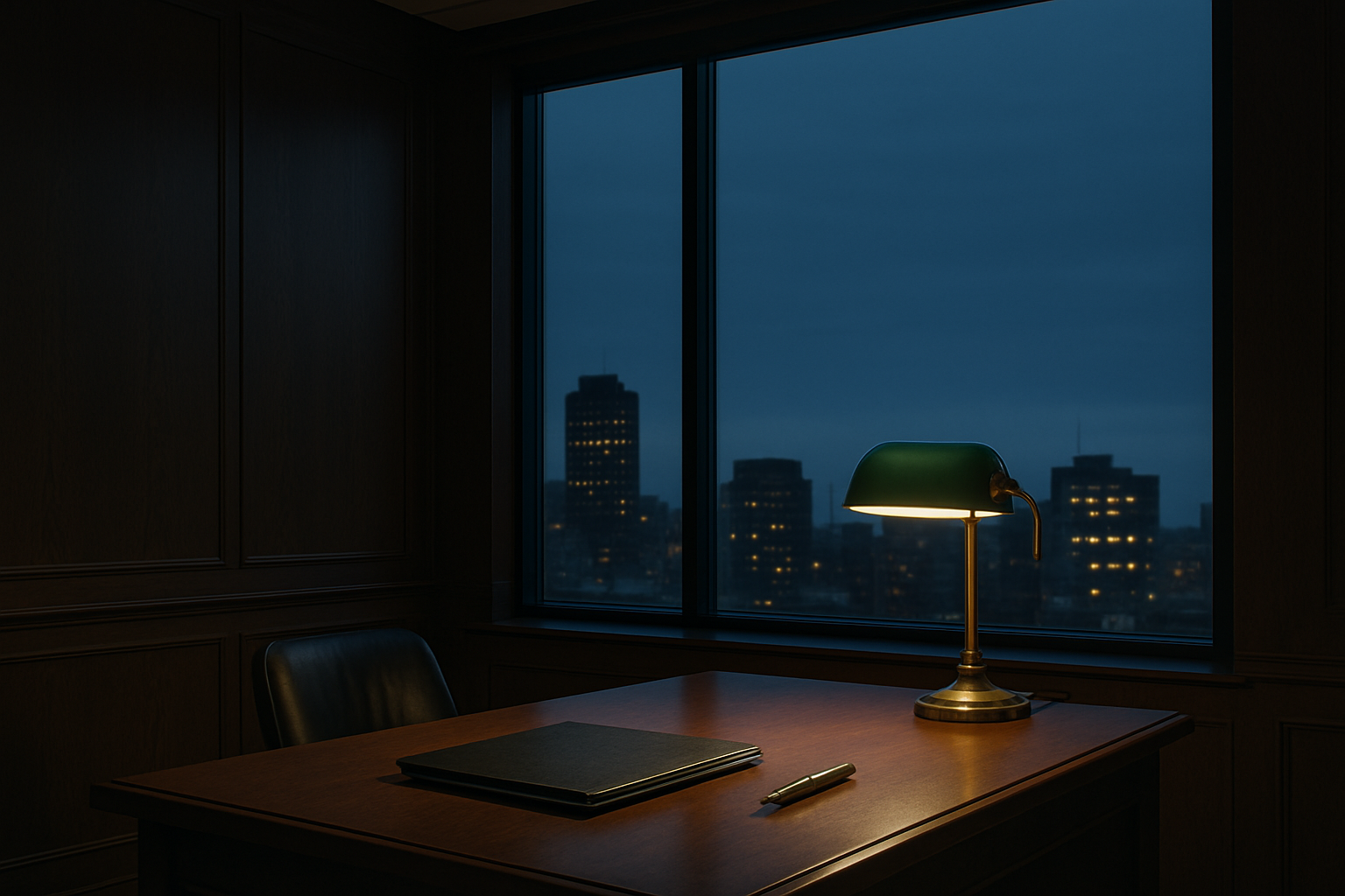 A quiet private bank lending office at dusk: dark walnut paneling, a banker's desk with a green-shaded lamp, and a city skyline visible through the windows.