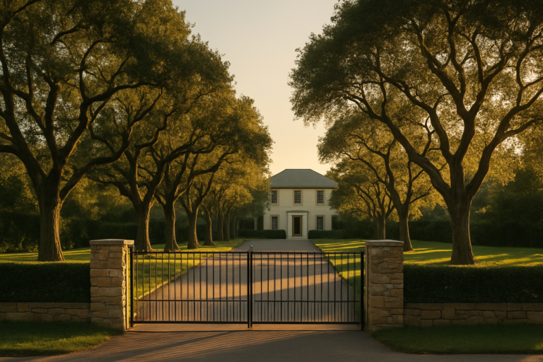 A restrained Atherton, California estate at golden hour, seen from the public road behind a closed iron gate, framed by mature coast oaks.